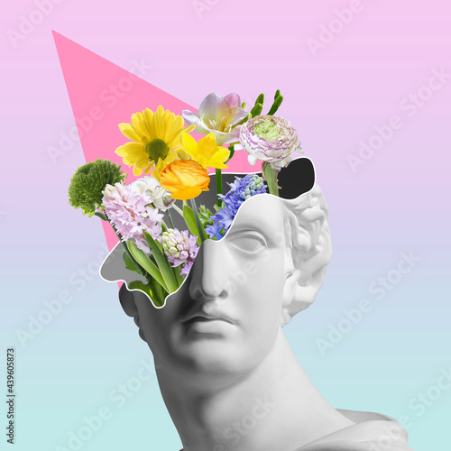 Surrealism. Contemporary art collage with antique statue bust in a surreal style.