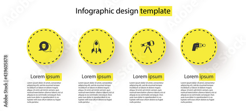 Set Alien, Rocket ship, Telescope and Ray gun. Business infographic template. Vector