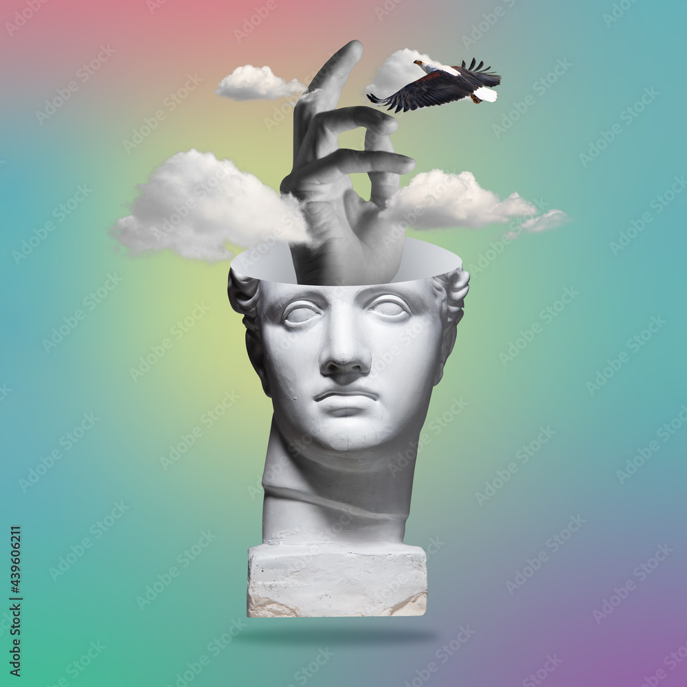 Tenderness. Contemporary art collage with antique statue head in a surreal style. - obrazy, fototapety, plakaty 