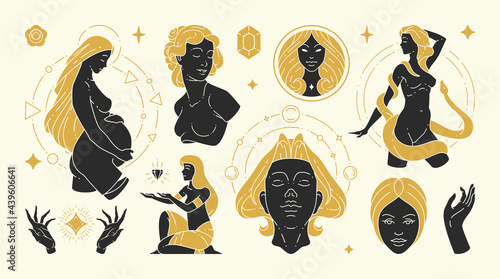 Magic woman vector illustrations of graceful feminine women and esoteric symbols set