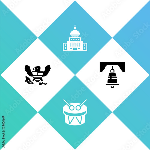 Set Eagle, Drum and drum sticks, White House and Liberty bell in Philadelphia icon. Vector