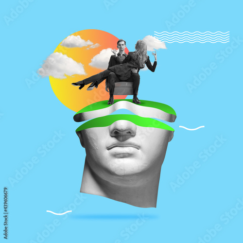 Sky. Contemporary art collage with antique statue head in a surreal style.