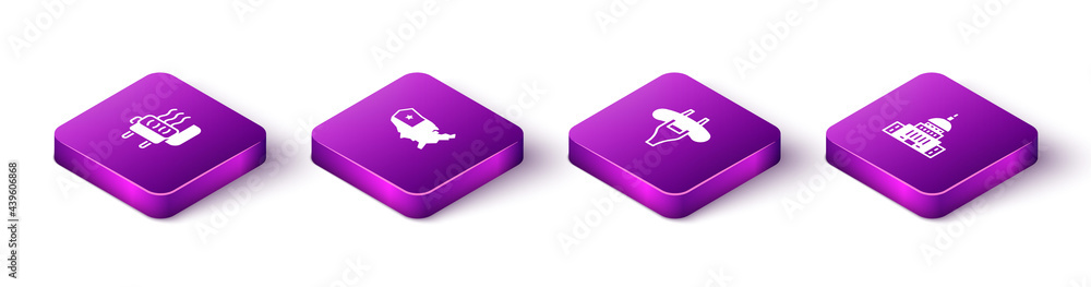 Set Isometric Barbecue grill, USA map, Sausage on the fork and White House icon. Vector Set Isometric Barbecue grill, USA map, Sausage on the fork and White House icon. Vector