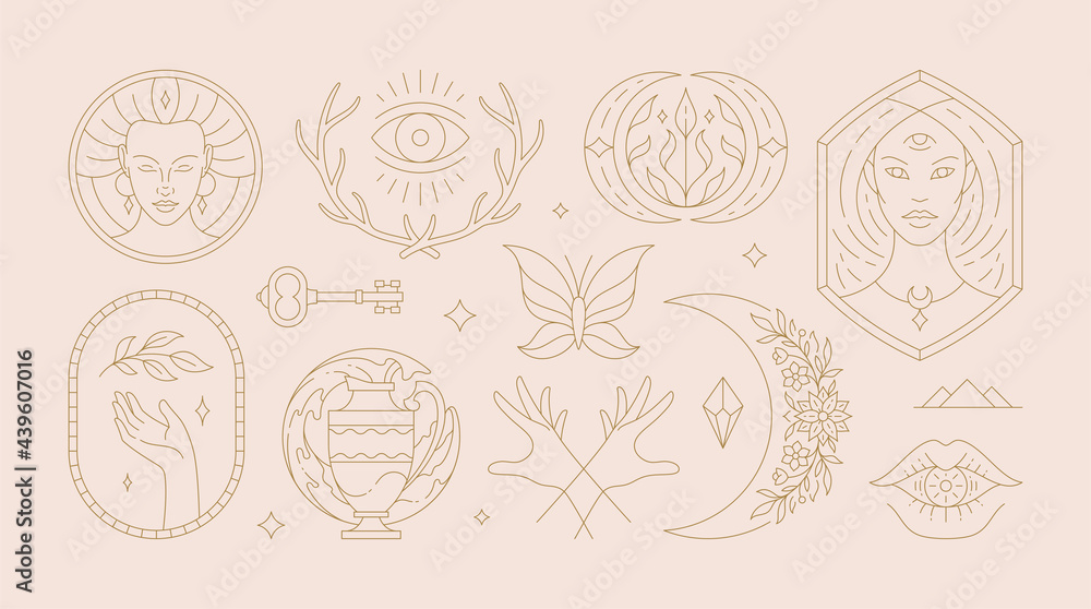 Magic woman boho vector illustrations of graceful feminine women and esoteric symbols set. Magic woman boho vector illustrations of graceful feminine women and esoteric symbols set.