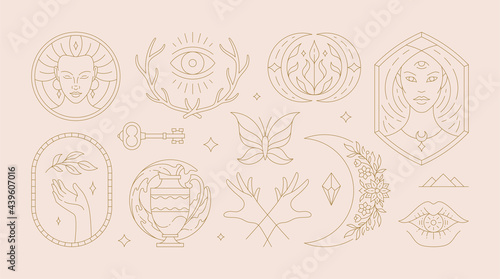 Magic woman boho vector illustrations of graceful feminine women and esoteric symbols set.