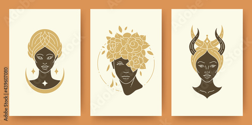 Set of abstract female portraits silhouettes modern line art drawing style