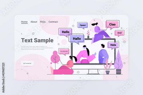 people using translation application multilingual greeting international communication concept
