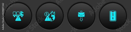 Set Stop delivery cargo truck, Global economic crisis, Briefcase and Mobile stock trading icon. Vector