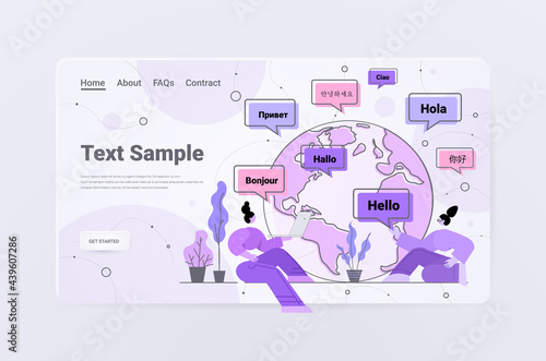 people using translation application multilingual greeting international communication concept