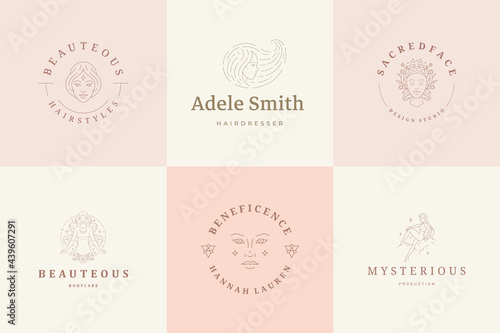 Feminine logos emblems design templates set with magic female portraits vector illustrations minimal linear style