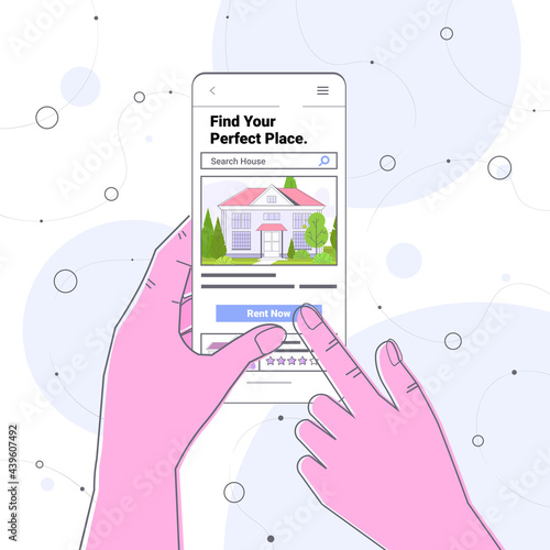 human hand using mobile app for searching houses for renting or buying online real estate property management