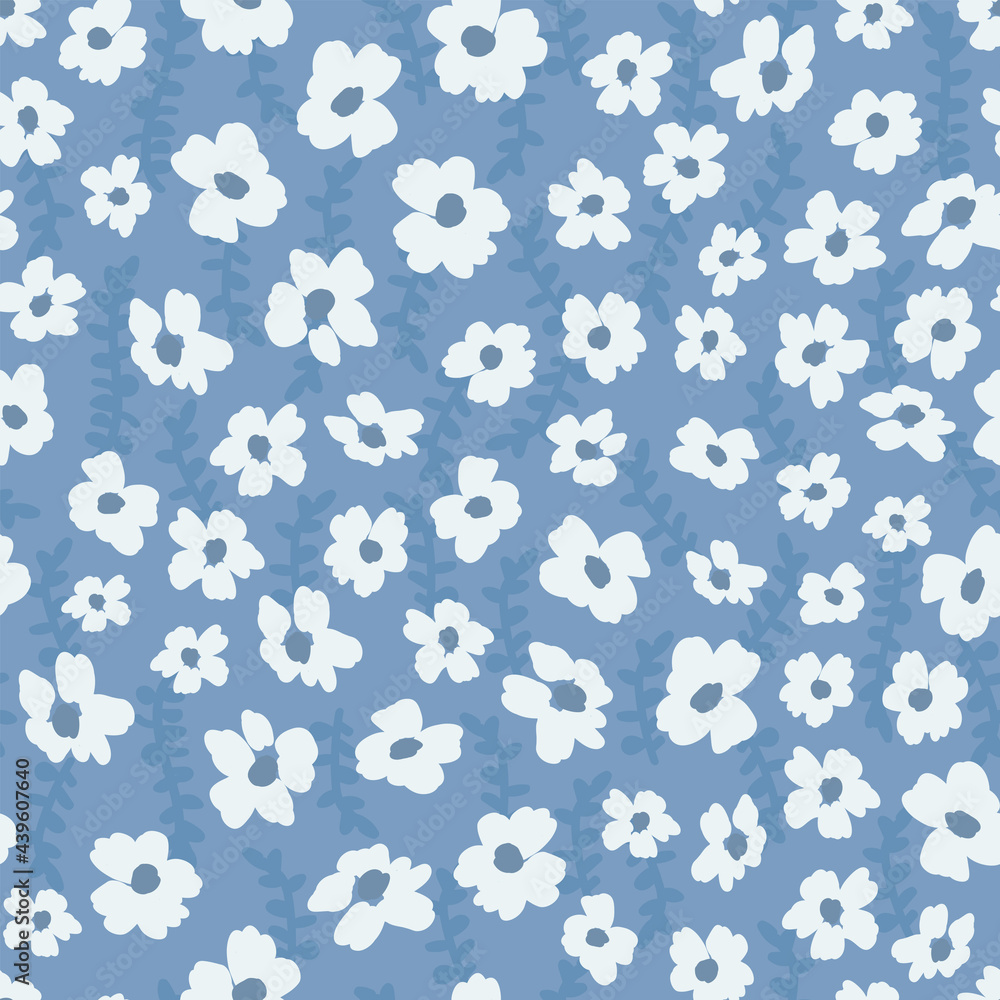 monochrome seamless pattern with hand drawn flowers on a blue background. cute vector flowers and leaves. vintage style ornament monochrome seamless pattern with hand drawn flowers on a blue background. cute vector flowers and leaves. vintage style ornament
