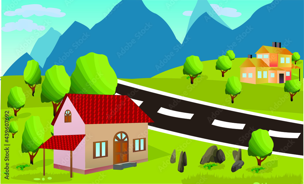 landscape with house and mountains vector artwork