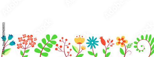 Horizontal banner with colorful flowers and leaves. Beautiful botanical background. Vector illustration isolated on white background.