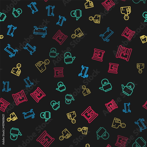 Set line Bathtub, Kettle with handle, Man in the sauna and Sauna wooden bathhouse on seamless pattern. Vector