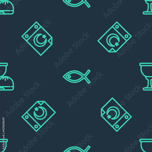 Set line Christian fish, Star and crescent and Holy grail or chalice on seamless pattern. Vector