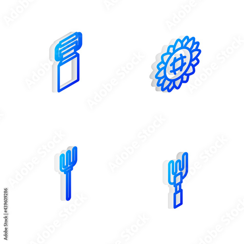 Set Isometric line Sunflower, Can container for milk, Garden pitchfork and rake icon. Vector