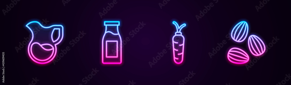 Set line Jug glass with milk, Bottle, Carrot and Seeds. Glowing neon icon. Vector Set line Jug glass with milk, Bottle, Carrot and Seeds. Glowing neon icon. Vector