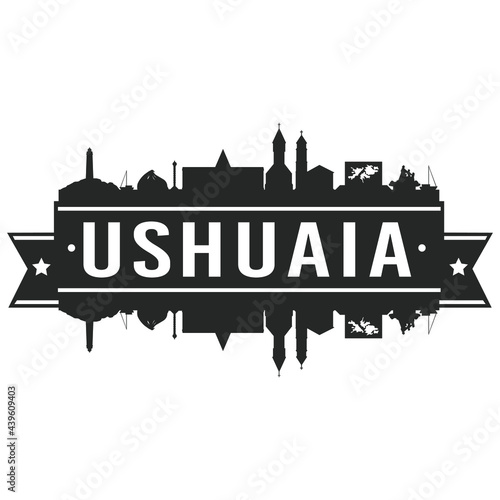 Ushuaia Argentina Skyline. Banner Vector Design Silhouette Art. Cityscape Travel Monuments.