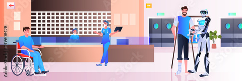 robot assisting disabled man at hospital reception modern clinic hall interior healthcare artificial intelligence technology