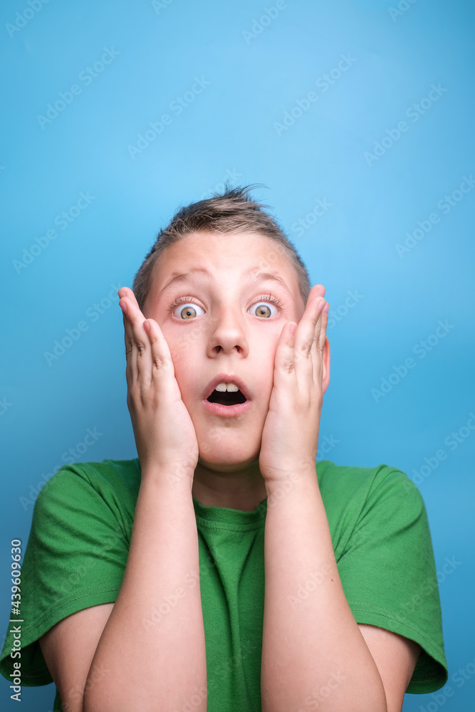 Studio shot of emotional adorable boy covering face with hand being surprised and shocked, showing true emotion. Portrait on blue background Studio shot of emotional adorable boy covering face with hand being surprised and shocked, showing true emotion. Portrait on blue background