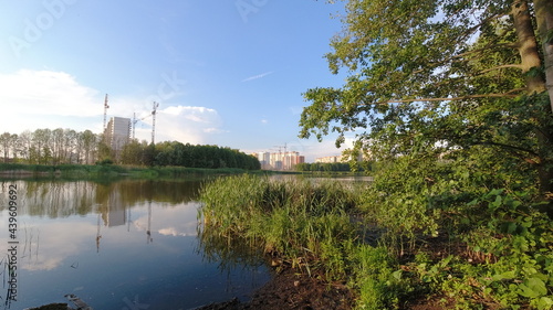 city lake, green grass and trees