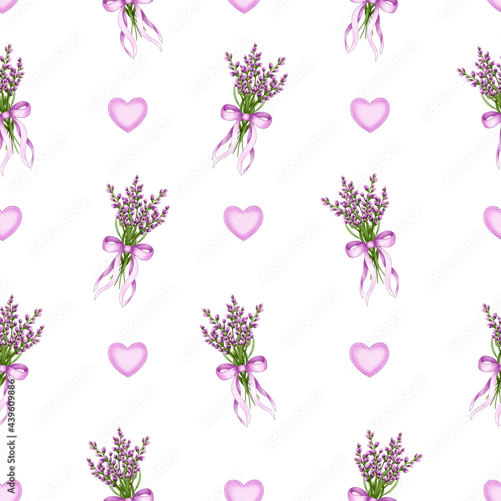 Seamless pattern of lavender flowers, lavender bouquet, heart, delicate wildflowers