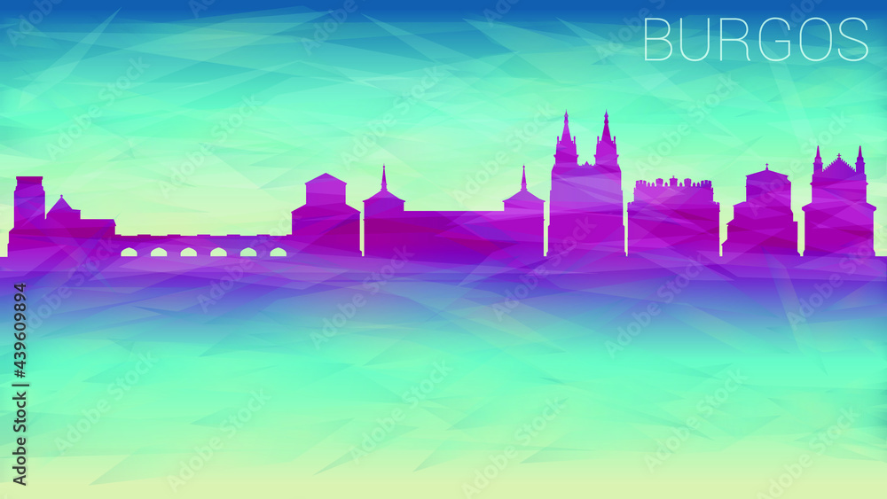 Burgos Spain Skyline City vector Silhouette. Broken Glass Abstract Geometric Dynamic Textured. Banner Background. Colorful Shape Composition.