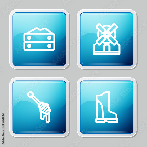 Set line Bag of flour, Windmill, Honey dipper stick and Waterproof rubber boot icon. Vector