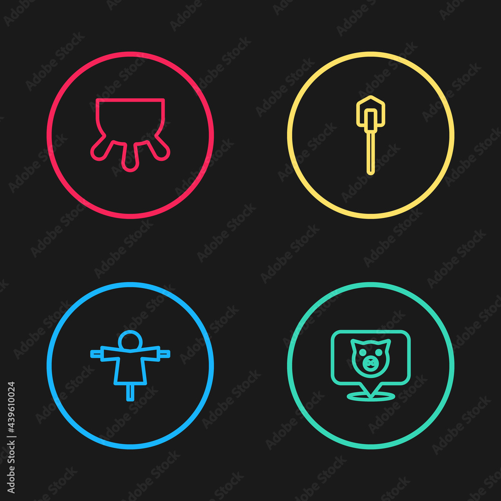 Set line Scarecrow, Pig, Shovel and Udder icon. Vector Set line Scarecrow, Pig, Shovel and Udder icon. Vector