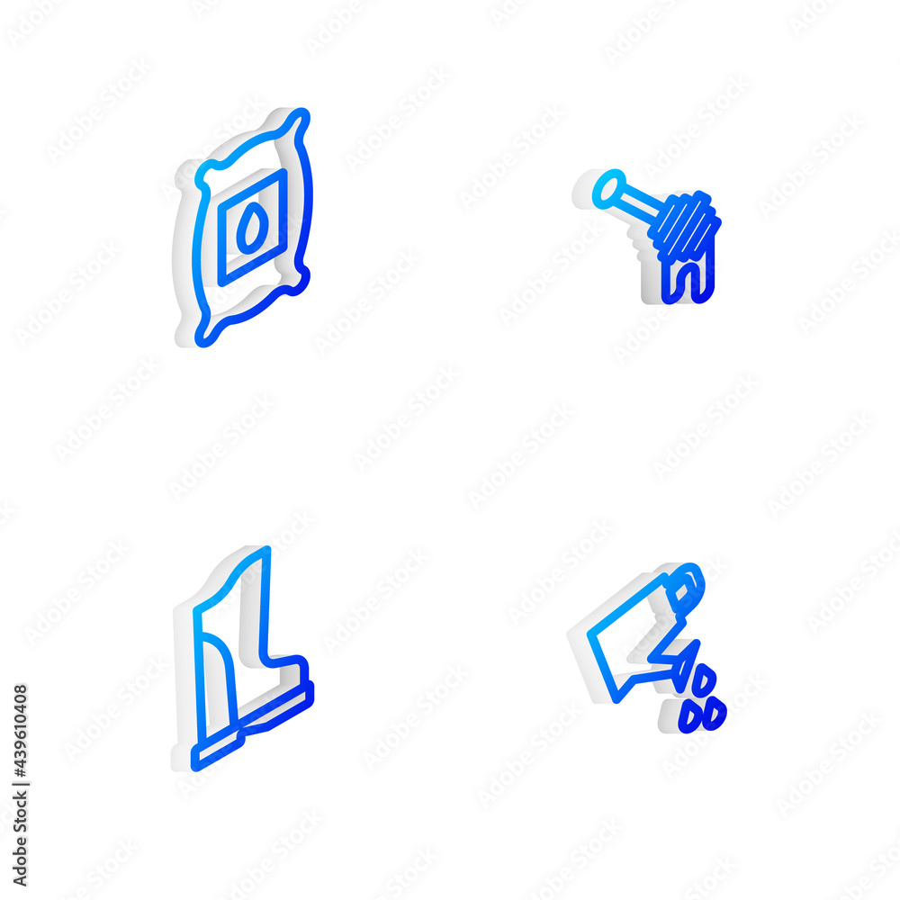 Set Isometric line Honey dipper stick, Pack full of seeds of plant, Waterproof rubber boot and Watering can icon. Vector Set Isometric line Honey dipper stick, Pack full of seeds of plant, Waterproof rubber boot and Watering can icon. Vector