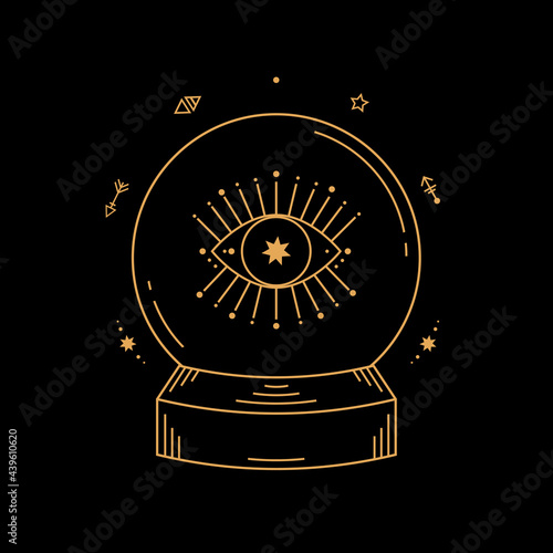 magic crystal ball with eye of providence . Boho chic line art tattoo  poster or print design vector illustration