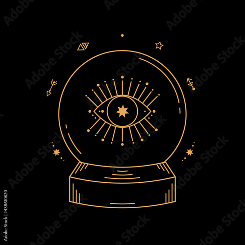 magic crystal ball with eye of providence . Boho chic line art tattoo, poster or print design vector illustration