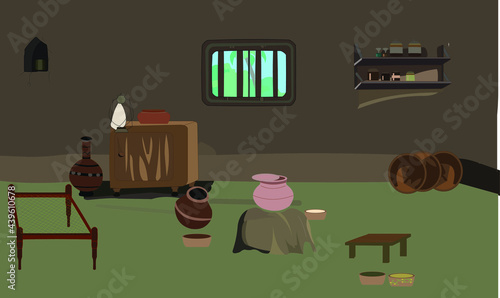 Village kitchen poor room inside view vector artwork 