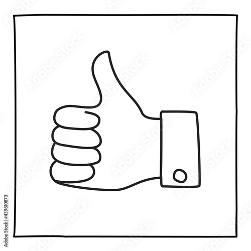 Doodle thumbs up icon or logo hand drawn with thin line
