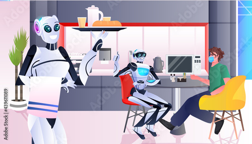 modern robot waiter serving food to visitors in restaurant artificial intelligence technology concept