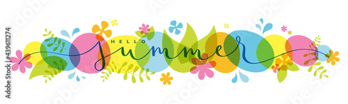 HELLO SUMMER blue vector brush calligraphy banner on colorful background with summer-themed motifs