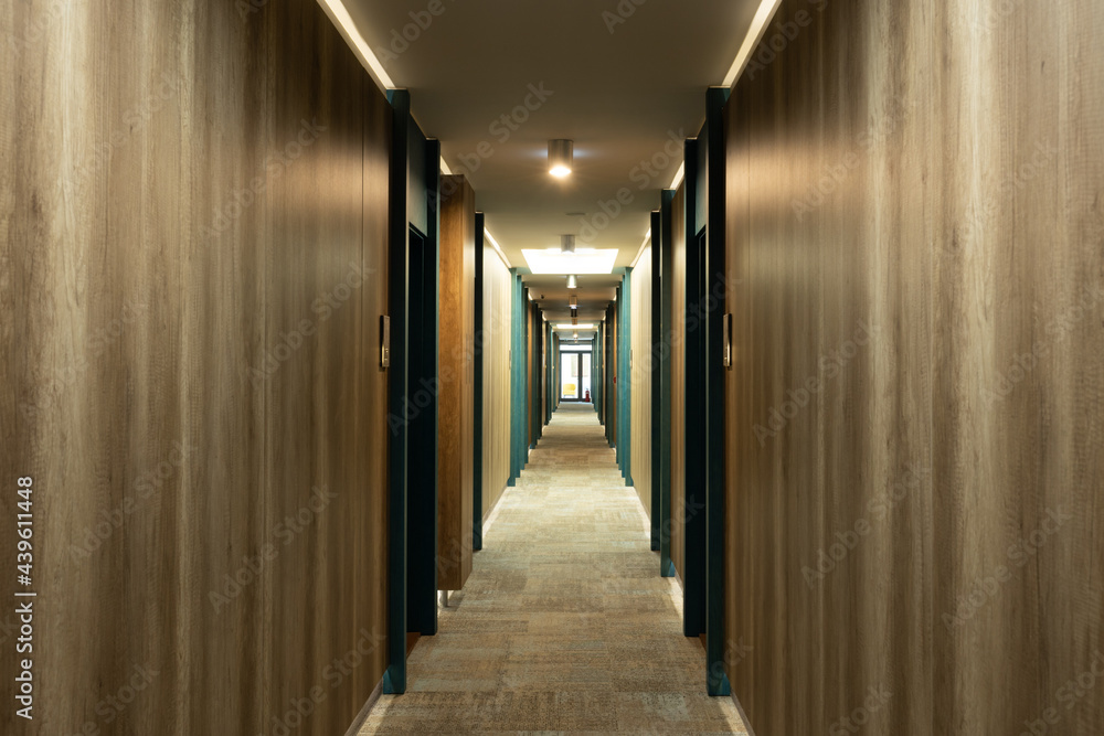 Modern hotel interior, carpeted corridor hallway interior with wooden walls