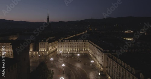 Aerial Drone footage view of famous square in Turin Italy by night // no video editing
 photo