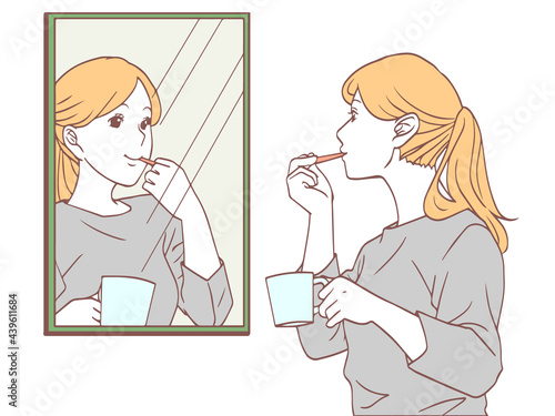 鏡を見て歯みがきをする女性（シンプルカラーバージョン）