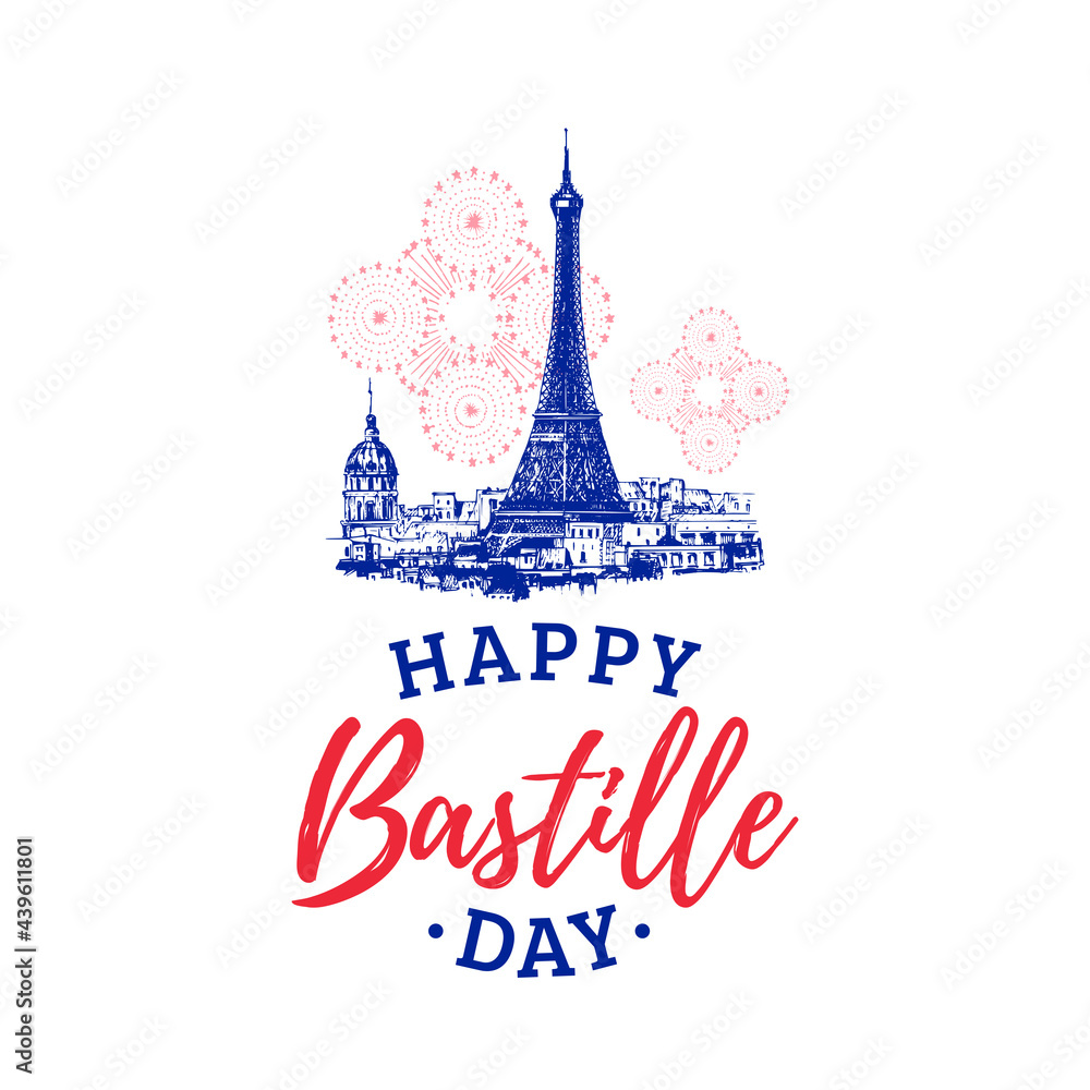 Bastille Day lettering on Eiffel tower background.