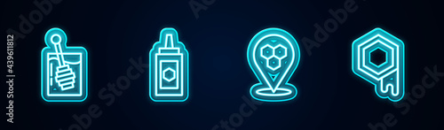 Set line Honey dipper stick, Jar of honey, Honeycomb bee location and . Glowing neon icon. Vector