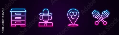 Set line Hive for bees, Beekeeper with protect hat, Honeycomb location and dipper stick. Glowing neon icon. Vector