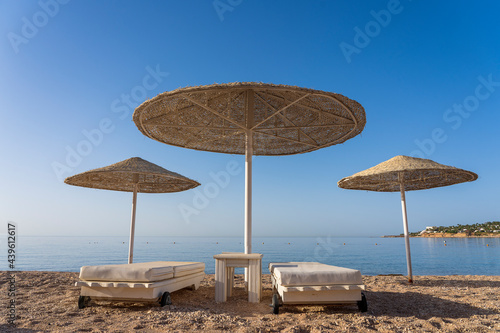 Luxury sand beach with beach chairs and white straw umbrellas in tropical resort in Red Sea coast in Egypt  Africa