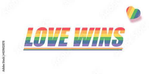 Love wins lettering for Pride month celebration with rainbow flag typography and text on white background. Love wins pride concept vector poster or banner design template