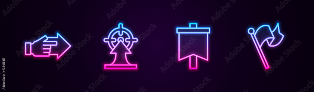 Set line Hand with pointing finger, Target, Flag and . Glowing neon icon. Vector Set line Hand with pointing finger, Target, Flag and . Glowing neon icon. Vector