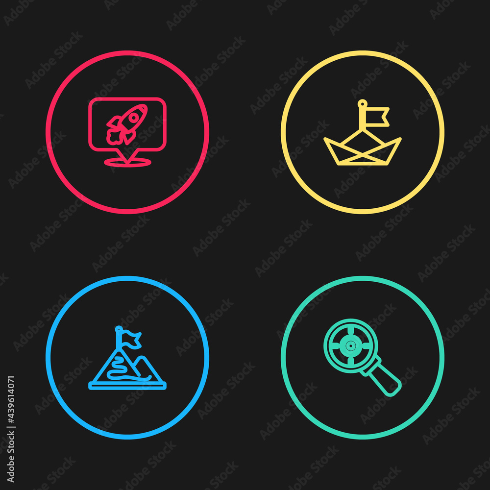Set line Mountains with flag, Target magnifying glass, Folded paper boat and Rocket ship icon. Vector Set line Mountains with flag, Target magnifying glass, Folded paper boat and Rocket ship icon. Vector