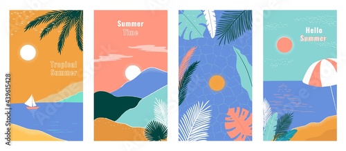 Social media stories design templates, backgrounds with copy space for text. Summer landscape background for banner, greeting card, poster and advertising. Summer vacation concept with palms and sea.