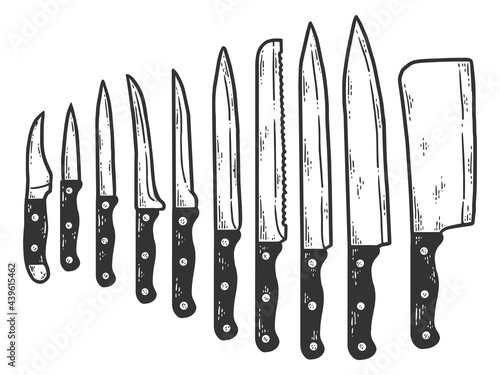 Set of ten knives. Sketch scratch board imitation color.
