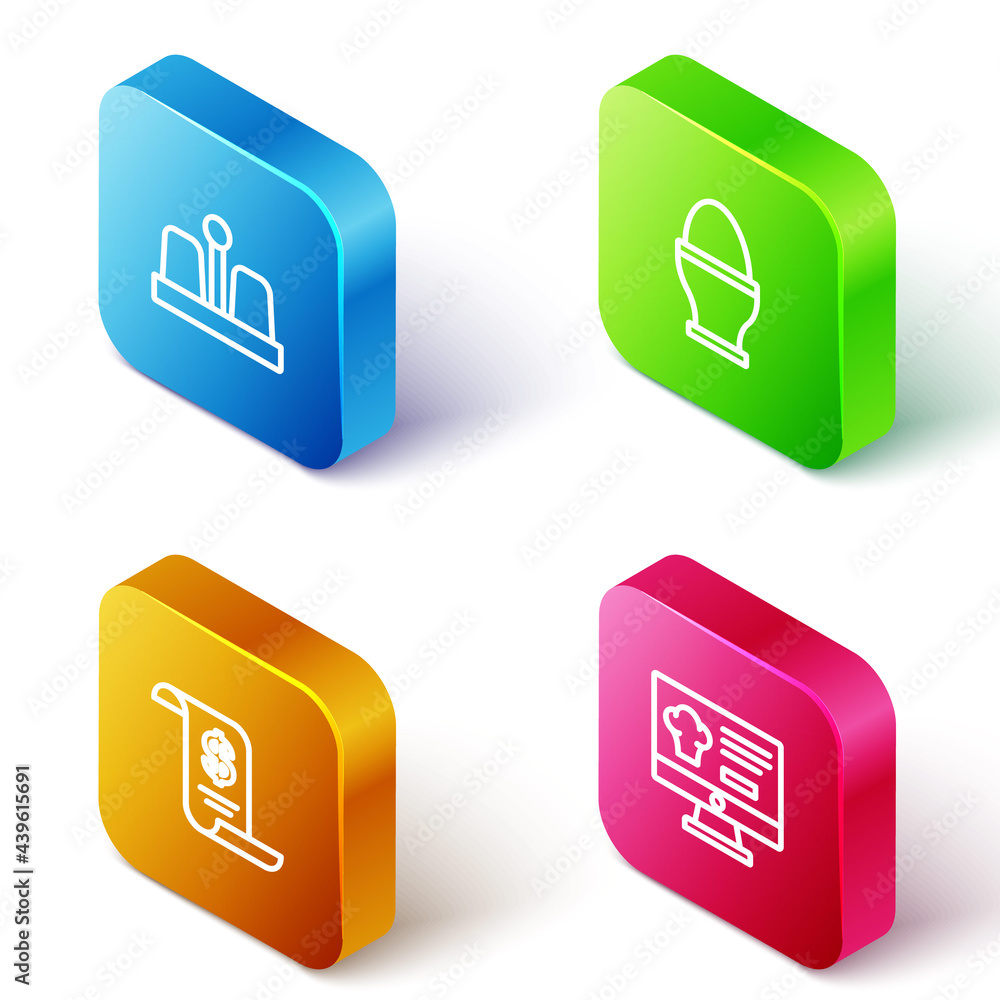 Set Isometric line Salt and pepper, Chicken egg on stand, Paper or financial check and Online ordering delivery icon. Vector Set Isometric line Salt and pepper, Chicken egg on stand, Paper or financial check and Online ordering delivery icon. Vector